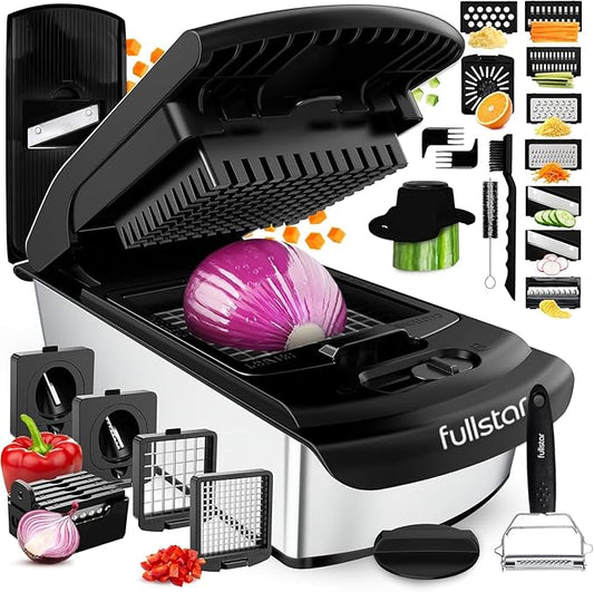 Multifunctional kitchen slicer with various attachments and sliced vegetables on a white background