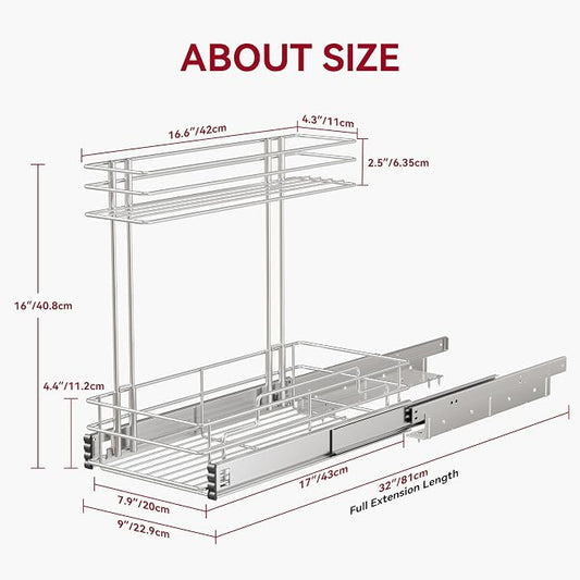 Under Sink Organizer 9" W X17 D, Pull Out Cabinet Organizer 2 Tier, Under Sink Slide Out Chrome Plated, Under Kitchen Bathroom Sink Organizer, Pantry Cabinet Closet Organization Rack, 2 Pack