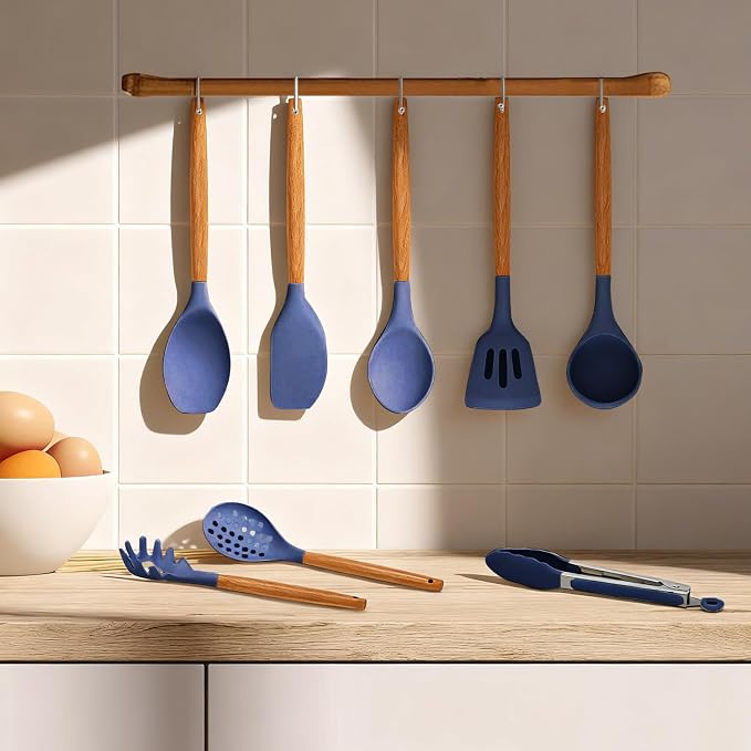 Kitchen Utensils Set - 12 Pcs Silicone Cooking Utensils Set with Wooden Handle - Heat Resistant Non-Stick BPA Free Spatula Set,Turner, Spoon, Brush, Silicone Kitchen Gadgets Utensil Set