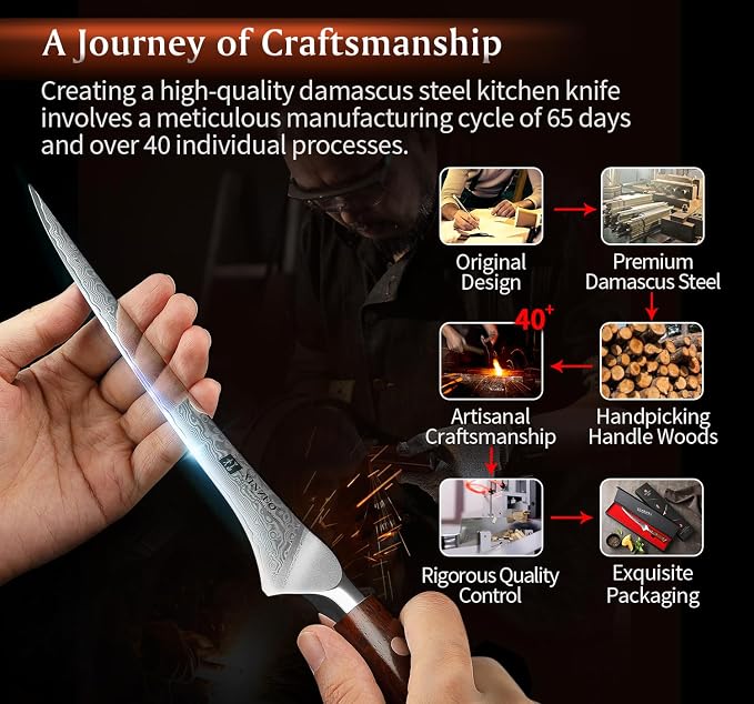 XINZUO 7 Inch Fillet Knife, Damascus Steel with 10Cr15MoV Core, Razor Sharp Boning Knife for Fish, Meat & Seafood, Rosewood Handle