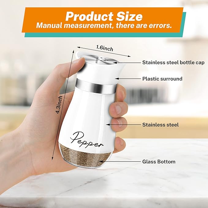 Salt and Pepper Shakers Set,4 oz Glass Bottom Salt Pepper Shaker with Stainless Steel Lid for Kitchen Cooking Table, RV, Camp,BBQ Refillable Design (White)