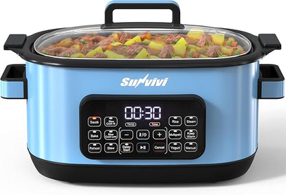 Sunvivi 12-in-1 Multi Cooker, 6.5QT Programmable Slow Cooker with Timer & Temp Control, Auto Warm Setting, Delay Start, Dishwasher Safe Lid & Removable Nonstick Crock, Stainless Steel Rack, Blue