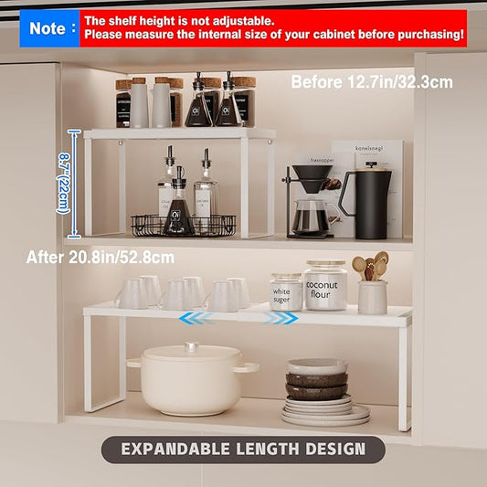 Magheo Expandable Cabinet Shelf Organizer, 1 Pack Stackable Kitchen Counter Shelf Riser, Metal Spice Rack Heavy Duty Countertop Organizer Storage for Kitchen, Pantry, Cupboard, Rv (8.7in Height,White)