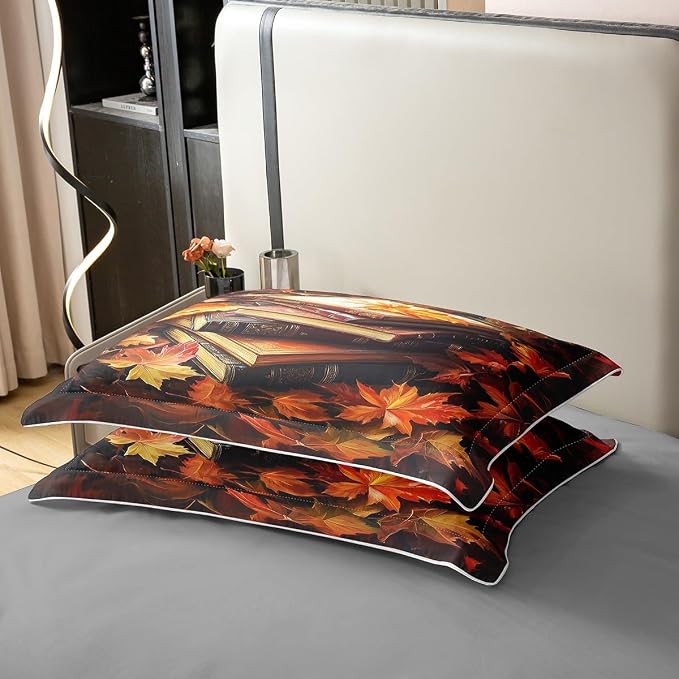 100% Nature Cotton Retro Book Duvet Cover Queen Size 3 Pcs Autumn Maple Leaves Bedding Set Room Decor Gifts Rustic Farmhouse Comforter Cover,Comforter Not Included