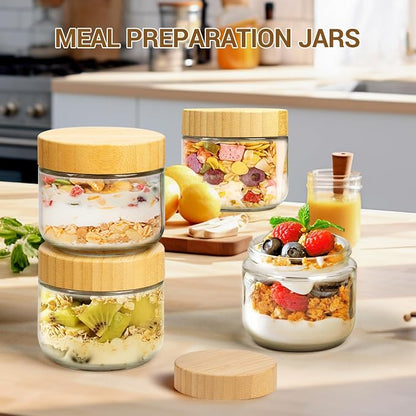 AMEITECH 4 Pack 10 oz Overnight Oats Containers with Bamboo Lids, Reusable Glass Food Storage Jars with Airtight Lids, Wide Mouth Mason Jars for Snack Yogurt Fruit Salad