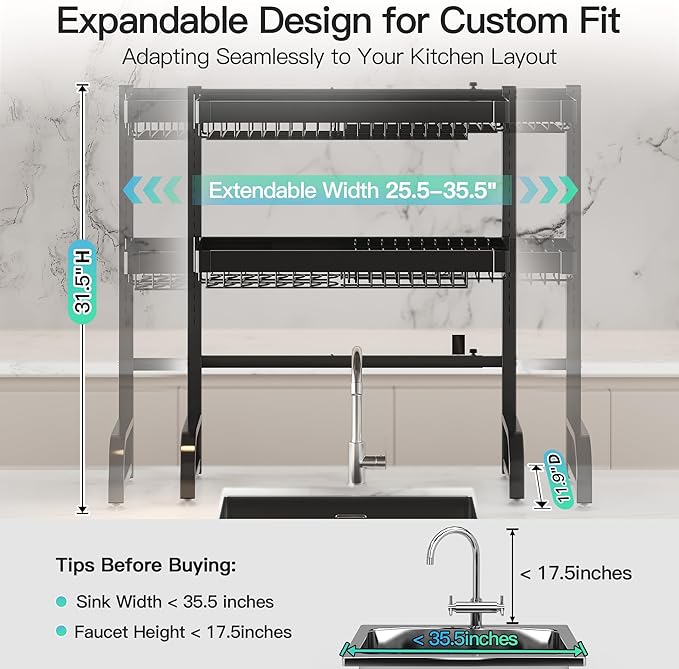 MAJALiS 3 Tier Extra Large Stainless Steel Expandable Over The Sink Dish Drainer Drying Rack, Rust Proof Metal, Space Saving, Modern Black Big Capacity Extendable Plate Strainers Above Counter