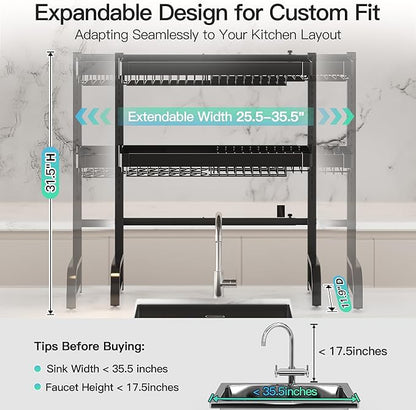MAJALiS 3 Tier Extra Large Stainless Steel Expandable Over The Sink Dish Drainer Drying Rack, Rust Proof Metal, Space Saving, Modern Black Big Capacity Extendable Plate Strainers Above Counter