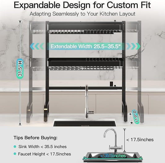 MAJALiS 3 Tier Extra Large Stainless Steel Expandable Over The Sink Dish Drainer Drying Rack, Rust Proof Metal, Space Saving, Modern Black Big Capacity Extendable Plate Strainers Above Counter
