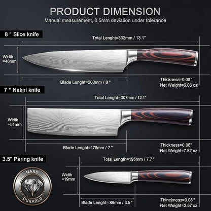3 PCS Japanese Nakiri Knife Set - Professional High Carbon Stainless Steel Vegetable Cleavers, Ultra Sharp Razor Edge Kitchen Knife with Ergonomic Handle & Gift Box, Multi-purpose Asian Chef Knives