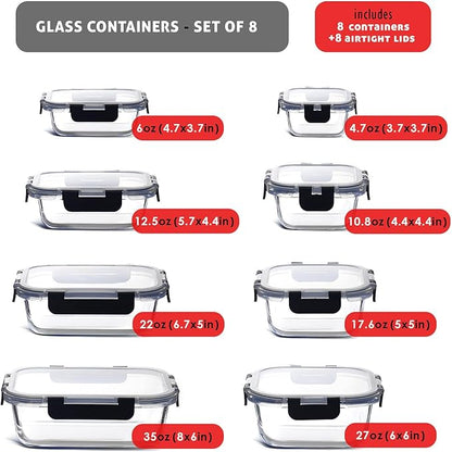 EATEX 16pc Glass Food Storage Containers with Lids, Airtight Glass Meal Prep Containers, 8 Reusable Food Containers with 8 Leakproof Snap Lock Lids, Oven Microwave Freezer Safe Lunch