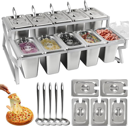10 Pans Pizza Topping Station 2 Row Adjustable Pizza Storage Container Topping containers with Lids Condiment Organizers Buffet Containers Set for Restaurant Pizza Sauce Jam Fruit Ingredient