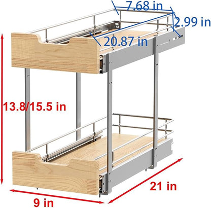 Sikarou Pull Out Cabinet Organizer,Heavy-Duty Slide Out Shelf, Wood and Wire Basket, Pull Out Drawer for for Kitchen Under Sink Space, Pantry, Bathroom, 2 Tie 9 * 21 in