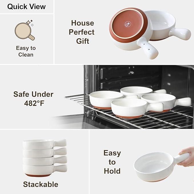 MALACASA 23 Oz French Onion Soup Bowls With Handles, Ceramic Soup Crocks for Cereal, Pasta, Beef Stew, Chilli, Oven Microwave Dishwasher Safe, Set of 4, White, Series TARA