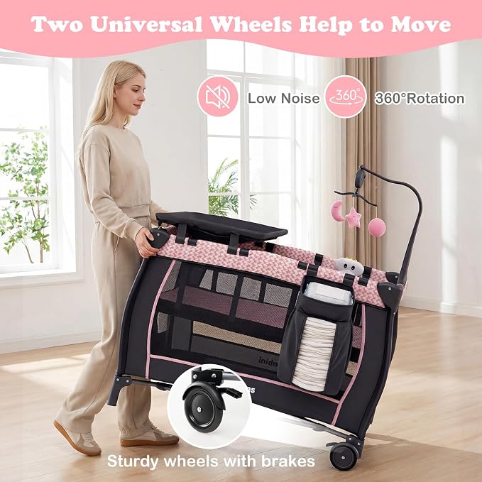 INFANS 3 in 1 Pack and Play, Portable Travel Baby Bassinet with Detachable Mattress, Changing Table, Foldable Playpen with Carry Bag, 2 Wheels (Pink Stripes)