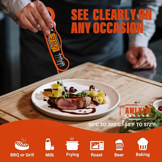Fast Instant Read Meat Thermometer with Backlight - Waterproof Digital Food Probe for Grilling, Cooking, Baking & Candy Making - Kitchen & BBQ Essential(Orange)