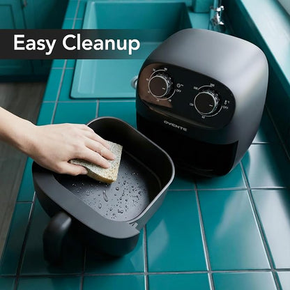 OVENTE 2QT Compact Air Fryer for 1–2 People, 900W Small Oil-Free Fryer with Manual Dual Knobs, Adjustable Temperature, 60 Minute Timer, Auto Shutoff & Dishwasher Safe Nonstick Basket, Black FAM18900B