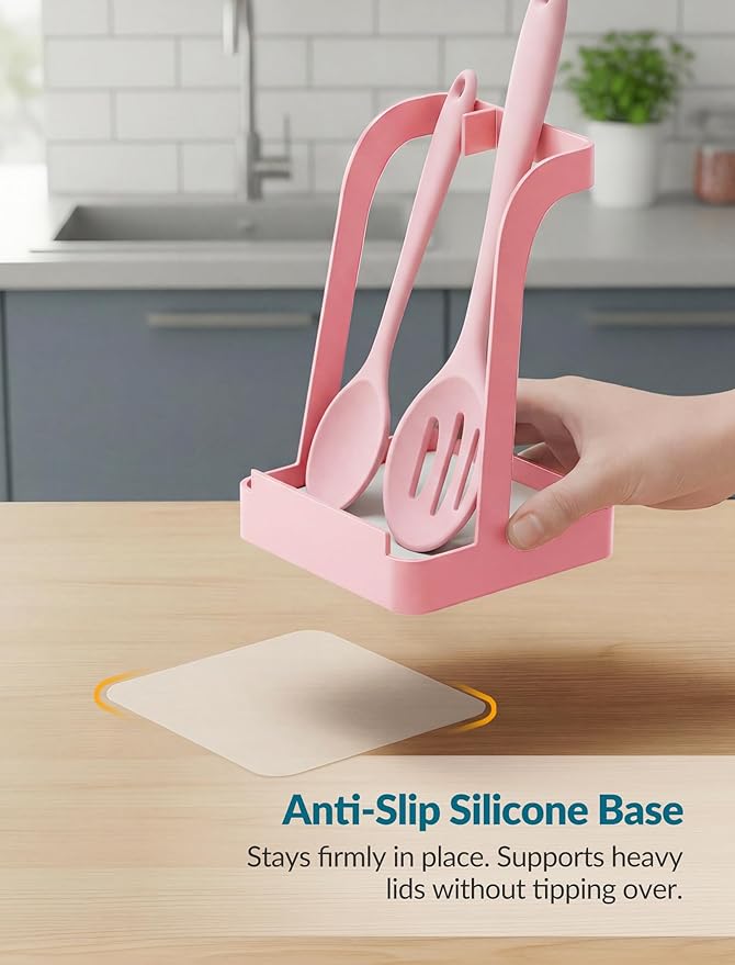 NiHome Kitchen Utensil Holder for Pot Lids & Spoons Pink Kitchen Accessories with White Diatomite Drip Tray, Non-Slip Base, Metal Cooking Spoon Rest, 3.9"x3.9"x6" Countertop Organizer (Pink)