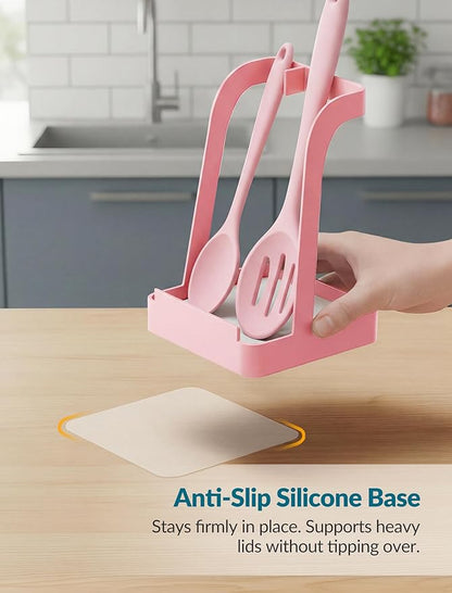 NiHome Kitchen Utensil Holder for Pot Lids & Spoons Pink Kitchen Accessories with White Diatomite Drip Tray, Non-Slip Base, Metal Cooking Spoon Rest, 3.9"x3.9"x6" Countertop Organizer (Pink)