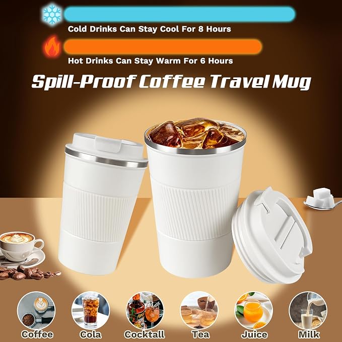 SPLMIFA Vacuum-Insulated Stainless Steel Travel Coffee Mug, Leak-Proof Reusable Coffee Cup with Lid - Keep Hot & Cold Drinks for Hours, Durable Insulated Tumbler for Men & Women(3rd-White, 12OZ)