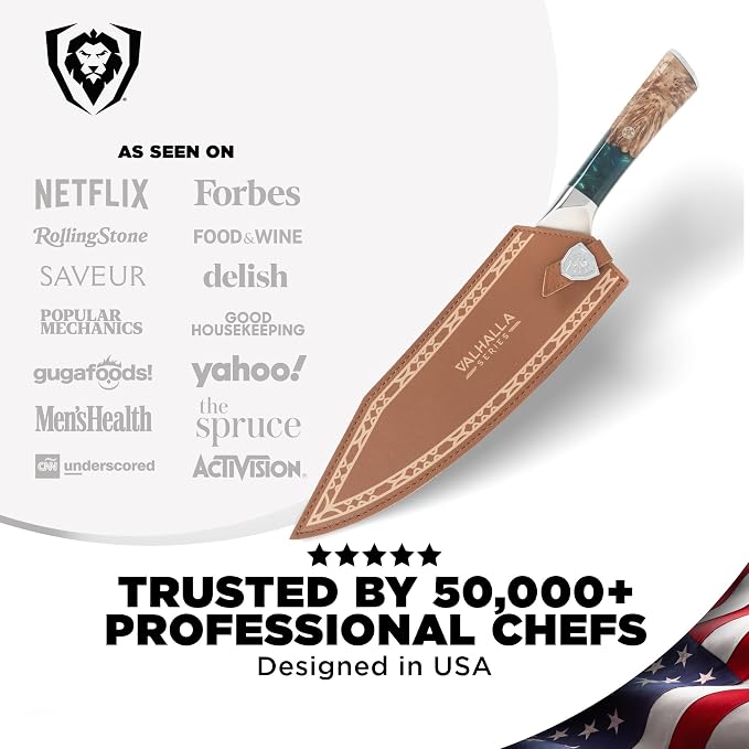 Dalstrong Chef Knife - 9.5 inch - Valhalla Series - 9CR18MOV HC Steel Kitchen Knife - White Resin & Wood Handle - Razor Sharp Chef's Knife - Kitchen Knife - Professional Cooking - w/Leather Sheath