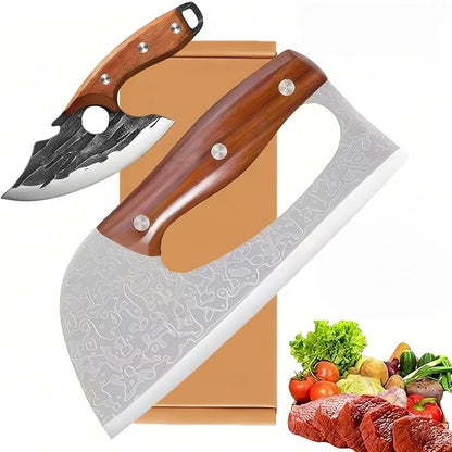 2 Pcs Meat Cleaver Knife Set, Effort Saving Meat Cleaver for Cutting Meat Vegetable, Sharp Carbon Steel Cooking Viking Knife with Leather Sheath for Kitchen, Camping, Outdoor Cooking, BBQ Gift