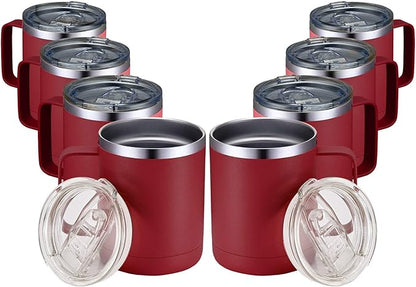 MEWAY 12oz Coffee Mug With Handle 8 Pack Bulk,Stainless Steel Insulated Travel Tumblers With Sliding Lid,Double Wall Vacuum Camping Cup for Hot & Cold Drinks Tea (Red,Set of 8)