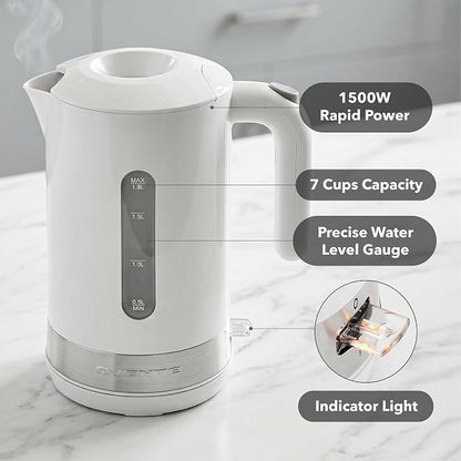 OVENTE 1.8L Electric Kettle, 1500W Fast Boiling Heater for Coffee or Tea, BPA Free, Easy to Fill Lid, Water Level Window, Auto Shut-Off, Boil-Dry Protection and Removable Filter, White KP413W
