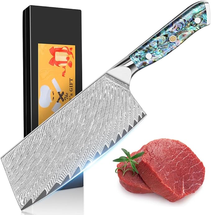KEENZO Meat Cleaver Knife 7 inch, Razor Sharp Professional Chef Knife, Hand Forged Kitchen Knives, Japanese 67-Layers Damascus Steel Cooking Knife, Ergonomic Abalone Shell Resin Handle,Gift Box