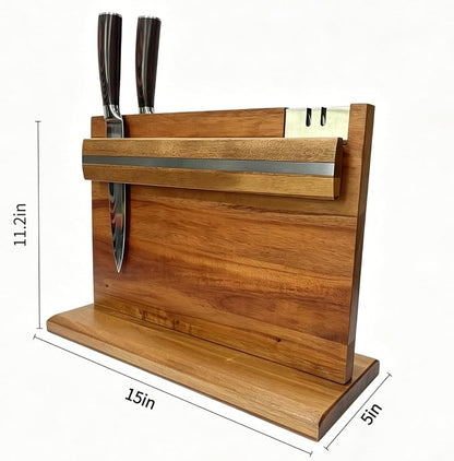 Large Magnetic Knife Holder - 14.5 x 11" Double-Sided Acacia Wood Block with Built-in Sharpener, Holds 14+ Knives, Premium Kitchen Counter Organizer for Professional Chefs