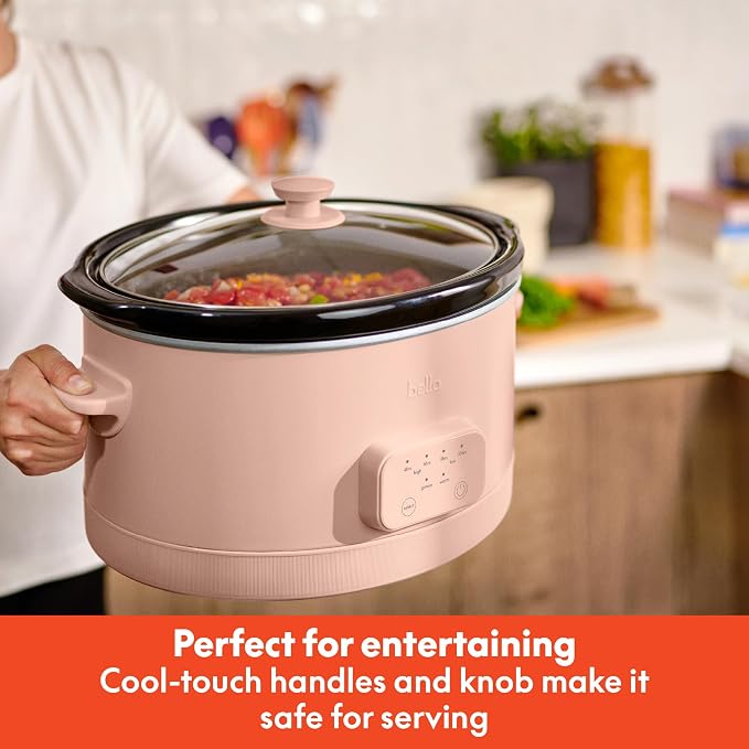 bella 6.0 Qt Programmable Slow Cooker, Ceramic Nonstick Coating, Adjustable Temperature & Cooking Times, Dishwasher Safe Stoneware Pot & Tempered Glass Lid, Tangle Free Cord Wrap, Blossom