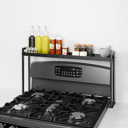 Bumusty Adjustable High Stand Stove Top Shelf – Expandable 4-Level Spice Rack and Kitchen Countertop Organizer, Anti-Slip Metal, 27"–33" Length, 11"–14" Height, Black