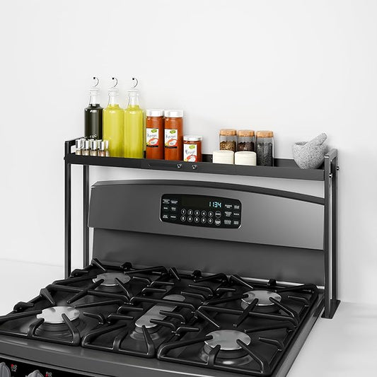 Bumusty Adjustable High Stand Stove Top Shelf – Expandable 4-Level Spice Rack and Kitchen Countertop Organizer, Anti-Slip Metal, 27"–33" Length, 11"–14" Height, Black