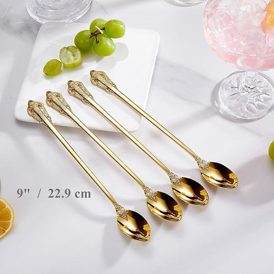 KEAWELL Luxurious 9 Inch Long Iced Tea Spoon Set - 4 Pieces - Gorgeous Design with Exceptional Mirror Polished Finish - 18/10 Stainless Steel- Perfect for Tall Glasses, Cocktails (Gold)