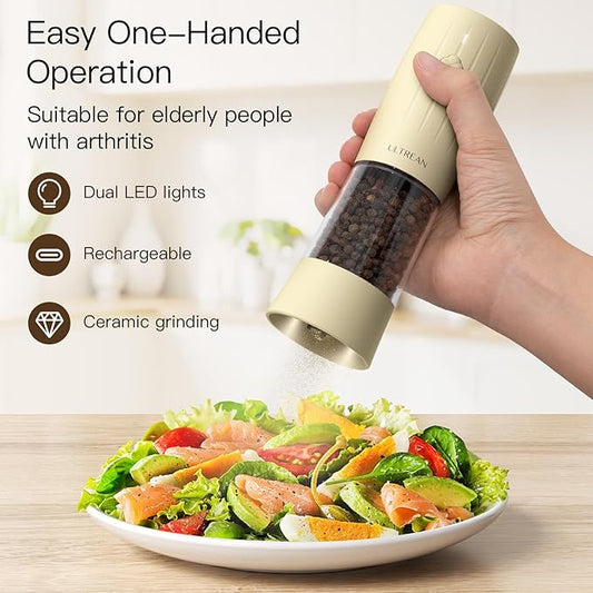 Ultrean Electric Salt and Pepper Grinder Set, USB-C Rechargeable, Salt and Pepper Shakers Spice Mill with 6 Adjustable Coarseness LED Light Larger Capacity, Kitchen Gadget, Gift for Women Mom, Cream