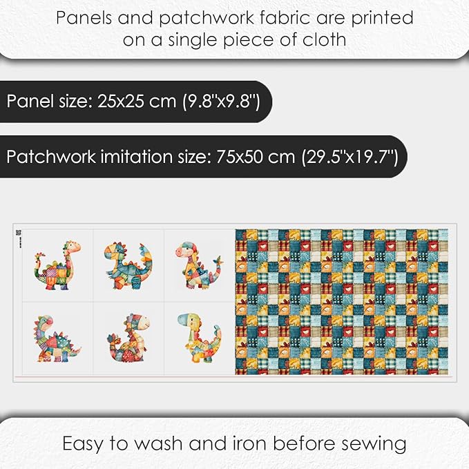 Patchwork Dinosaur Cotton Fabric Panel – 6 Designs (10×10 inch Each) + Bonus Sheet 29.5×19.6 inch, 100% Cotton 140 GSM, Made in Türkiye