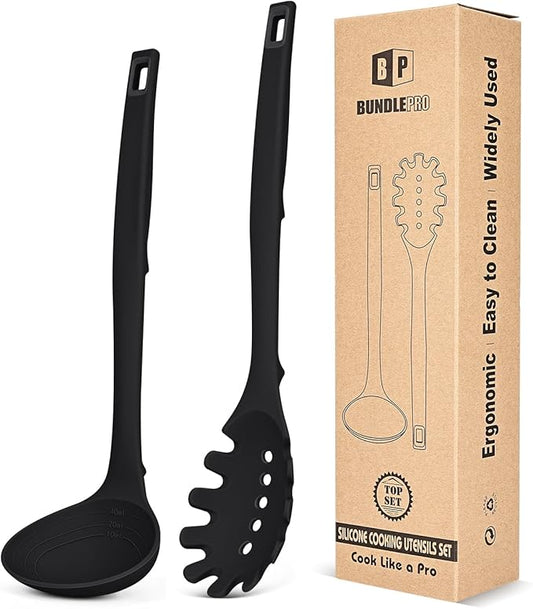 Silicone Pasta Fork and Soup Ladle Set, Heat Resistant Non Stick Kitchen Utensils with Back Hooks, Suitable for Cooking, Stirring, Serving Spaghetti, Soup, Sauce (BLACK)