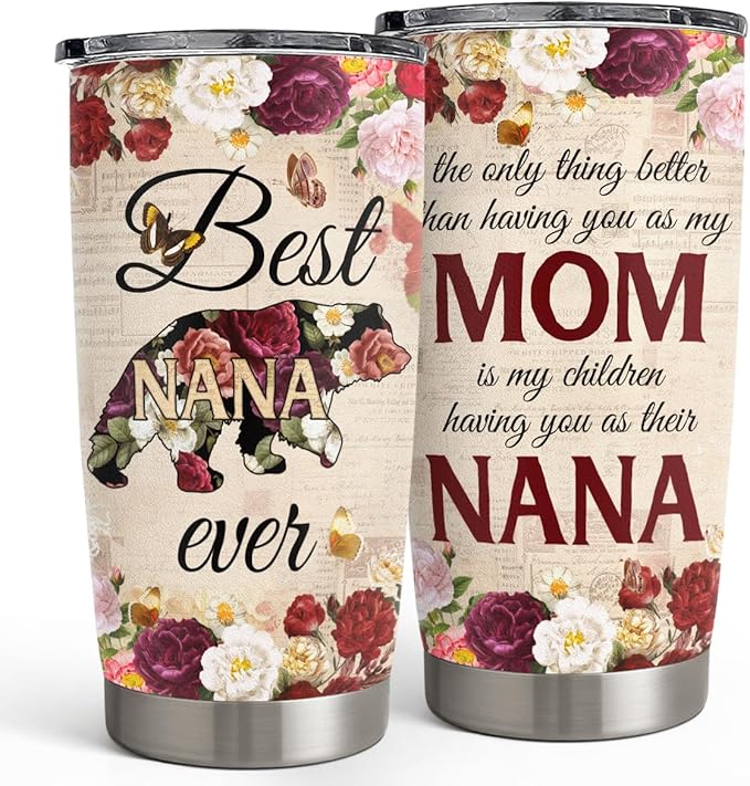 SANDJEST 20oz Insulated Tumbler for Nana, Best Nana Ever Floral Stainless Steel Travel Mug for Grandma from Grandkids