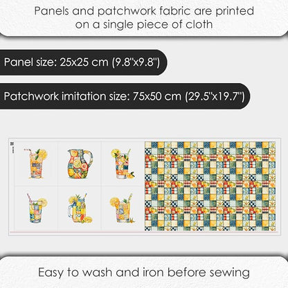 Summer Lemon Patchwork Cotton Fabric Panel – Six 10×10 inch Designs + Bonus 29.5×19.6 inch Patchwork Sheet, 100% Turkish Cotton 140 GSM