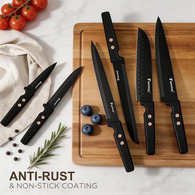 12-Piece Kitchen Knife Set, Stainless Steel Knives with Non-Stick Coating, Dishwasher Safe, Black Knife Set with Rose Gold Rivets 6 Blade Guards, Perfect for Home Chefs Cooking Enthusiasts