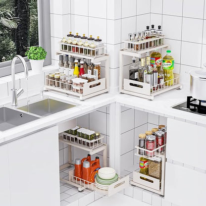 Under Sink Organizer, Heavy Duty Metal Pull Out Cabinet Organizer Slide Out Sink Shelf Organizer Height Adjustable, Multi-Purpose Storage Shelf for Kitchen Bathroom(Sand,2Pack)