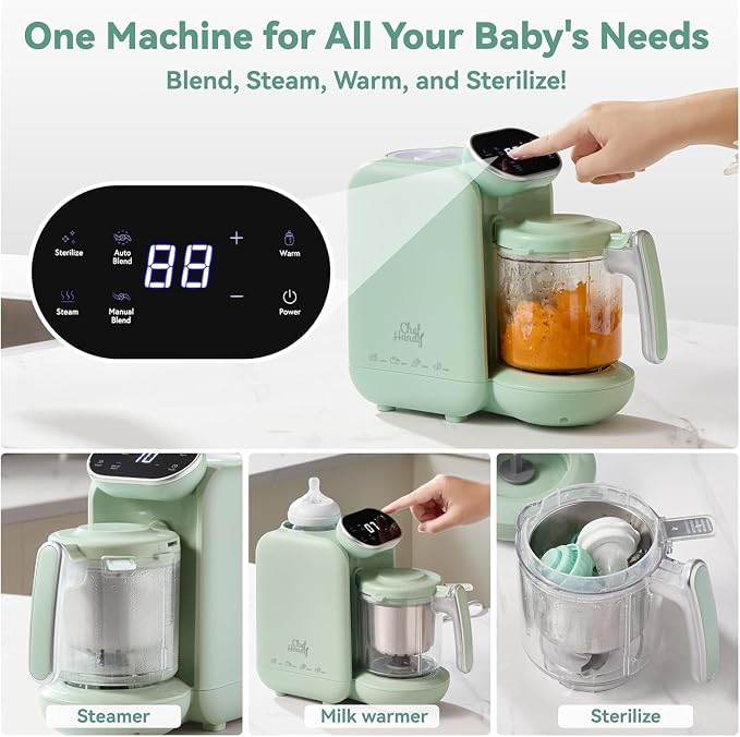 Chefhandy Baby Food Maker with Stainless Steel Steam Basket | 5-in-1 Baby Food Processor, Steamer & Blender for Homemade Baby Food, BPA-Free, 6 Reusable Pouches, Ideal for Newborns & Infants, Green