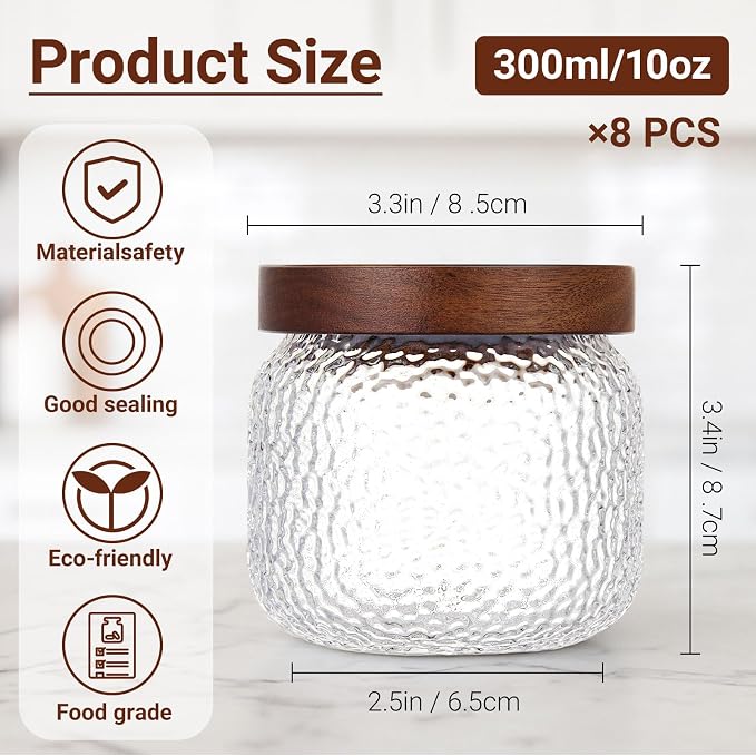 LemonRoad 8 Pack 10 oz Glass Jars with Lid Vintage Decorative Glass Storage Jars Airtight Canister Wide Mouth Anti Slip Food Containers for Kitchen Coffee Nuts Sugar Candy Cookie Tea Spices Oats