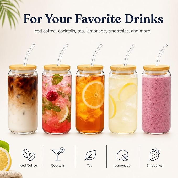 Glass Cups with Lids and Straws Set of 12, 16 oz Can Glasses with Bamboo Lids and Glass Straws, Iced Coffee Cups for Coffee Bar, Cocktails, Summer Parties, Family Gatherings and Housewarming