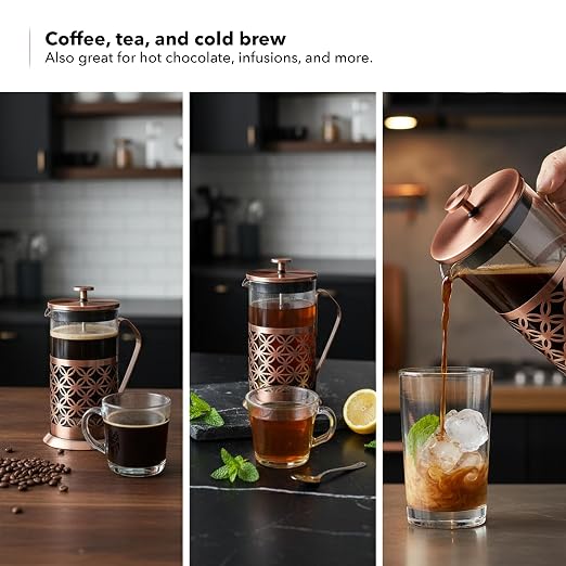 OVENTE French Press Coffee Maker 34 Ounce with Heat Resistant Borosilicate Glass, Stainless Steel Design and 4-Level Filter System, Portable Cold Brewer Pot for Travel, Camping or Gift, Copper FSF34C