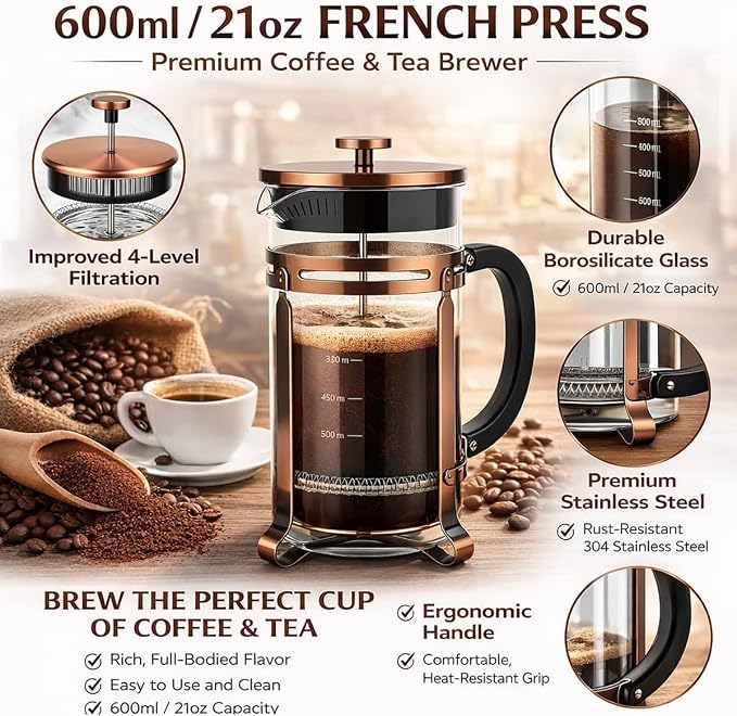 21oz French Press Coffee Maker, Thickened Borosilicate Glass & 304 Stainless Steel Double Mesh Filter. Cold Brew & Tea Brewer for Travel Camping, Kitchen Decor, Bar Accessories Gift (Copper)