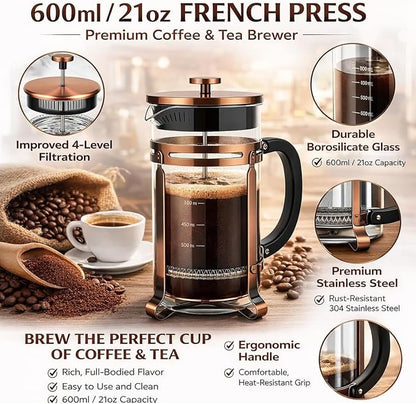 21oz French Press Coffee Maker, Thickened Borosilicate Glass & 304 Stainless Steel Double Mesh Filter. Cold Brew & Tea Brewer for Travel Camping, Kitchen Decor, Bar Accessories Gift (Copper)
