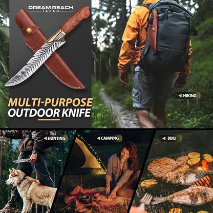 Dream Reach Feather Knife, 6.5" Hand - Forged High Carbon Steel Viking Boning Knife with Sheath, Ideal for Kitchen and Outdoor Activities, Gifts for Men Women