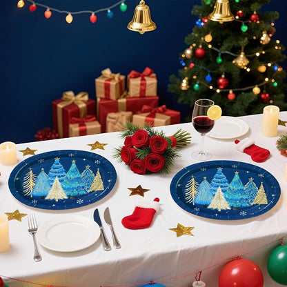 50Pcs Blue Christmas Tree Oval Plates 10” x 12” Christmas Tree Heavy Duty Oval Paper Plates Santa Party Tableware Supplies for Winter Xmas Holiday Party Decorations
