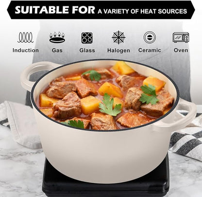 TeamFar 5Qt Dutch Oven, Enameled Cast Iron Dutch Oven with Lid & Dual Handles for Cooking Baking Braising Simmering, Healthy & Sturdy, Oven & Various Stovetops Safe, Non-stick & Easy Clean - Khaki
