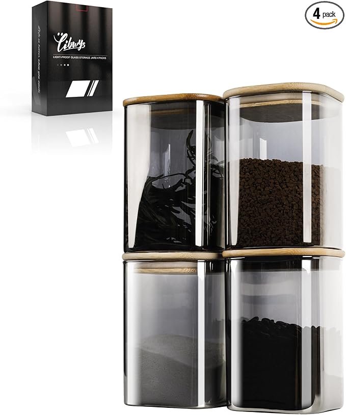 LIBWYS 4-Pack Anti-UV Square Glass Storage Jars with Bamboo Lids (1.22Qt) - Light Resistant Containers (LRC) for Pantry Organization, Coffee Beans, Loose Tea, Sugar, Pet Food | Kitchen Canisters Set